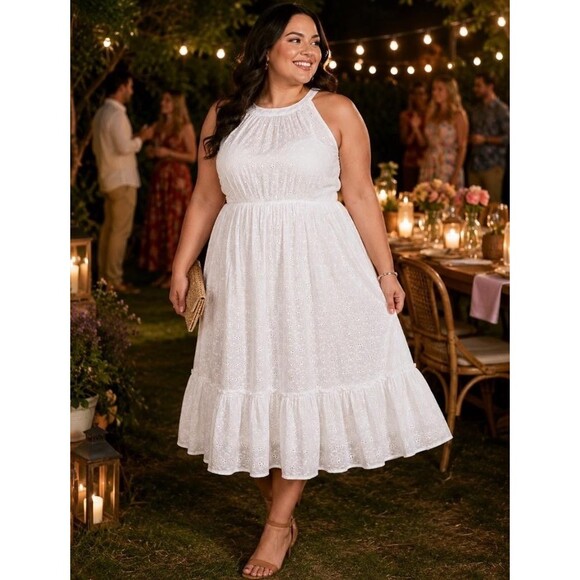 Torrid Dresses & Skirts - Torrid Halter Midi Dress Women 2X White Voile Eyelet Ruffle Sleeveless